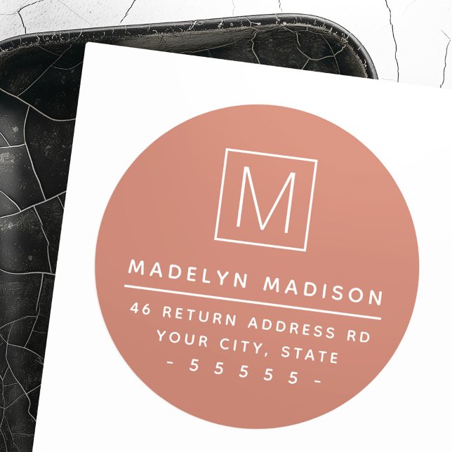Modern monogram terracotta brown return address classic round sticker (Modern monogram terracotta brown return address classic round sticker)
