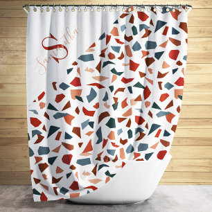 Modern Monogram Terrazzo Mosaic Pattern Shower Curtain