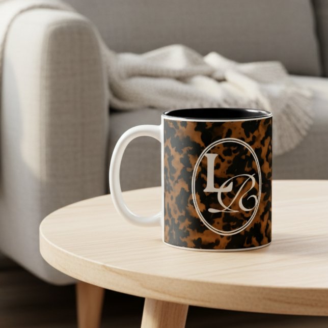 Modern Monogram Tortoise Shell Print Two-Tone Coffee Mug (Add a touch of chic charm to your phone with this Elegant Typography Monogram Tortoise Shell Mug! )