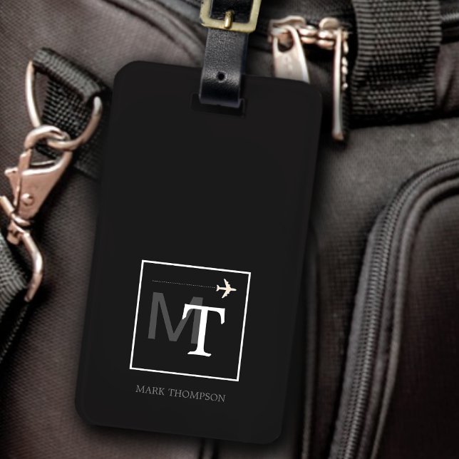 Modern monogram (traveller name + initials) black luggage tag (Creator Uploaded)
