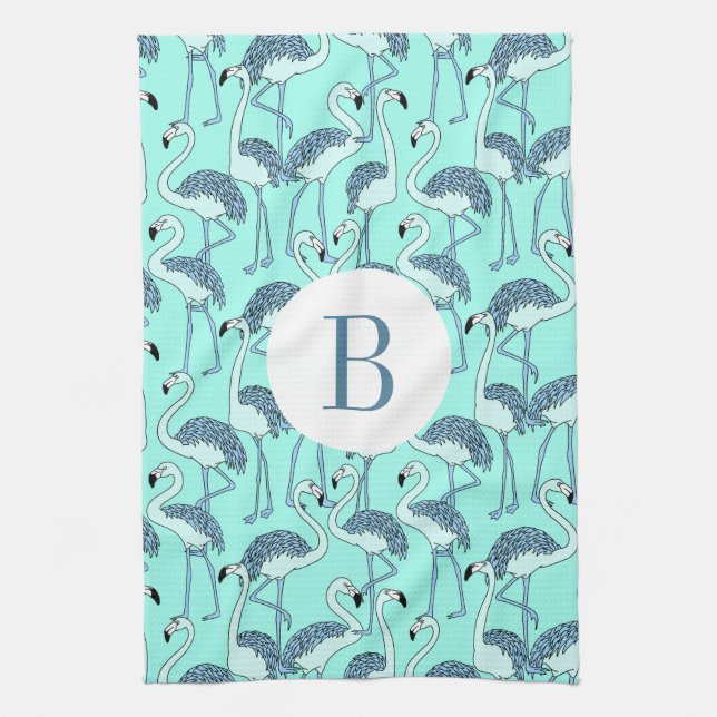 Modern Monogram Tropical Flamingos Pattern Tea Towel (Vertical)