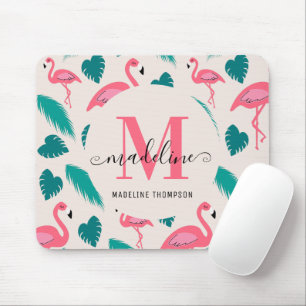 Modern Monogram Tropical Leaves Hot Pink Flamingo Mouse Pad