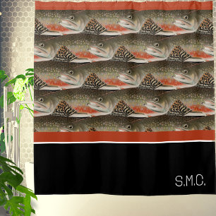 Modern Monogram Trout Fish Design Black White Rust Shower Curtain