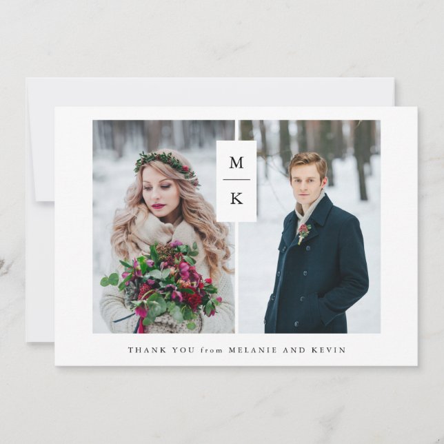 Modern Monogram | Two Photo Grid Wedding Thank You Card (Front)