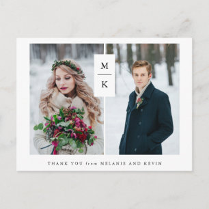Modern Monogram   Two Photo Wedding Thank You Postcard