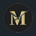 Modern monogram typography gold black   round clock<br><div class="desc">Modern monogram typography gold black</div>