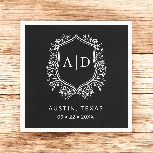 Modern Monogram Wedding Black Crest Napkin (Creator Uploaded)