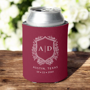 Modern Monogram Wedding Burgundy Crest Can Cooler
