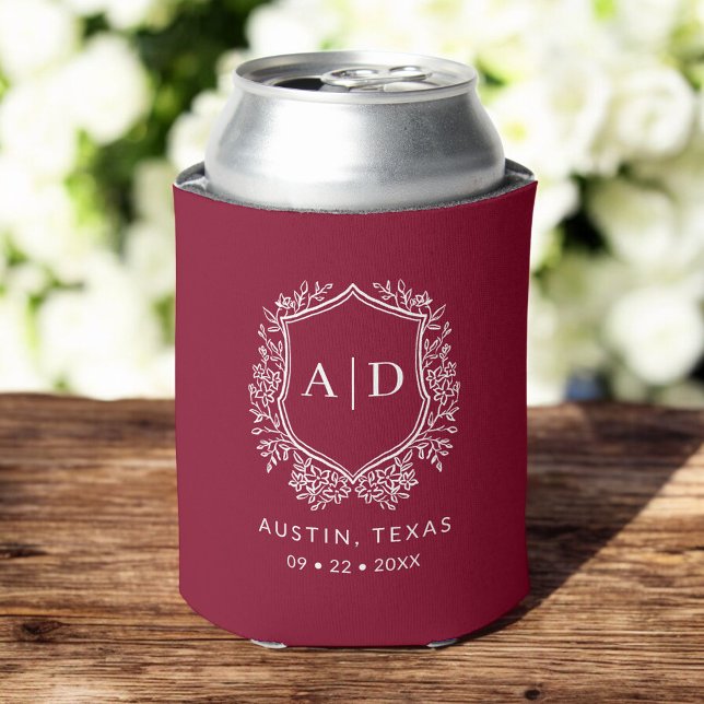 Modern Monogram Wedding Burgundy Crest Can Cooler (Creator Uploaded)