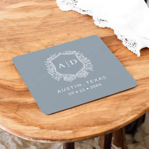 Modern Monogram Wedding Dusty Blue Crest Square Paper Coaster