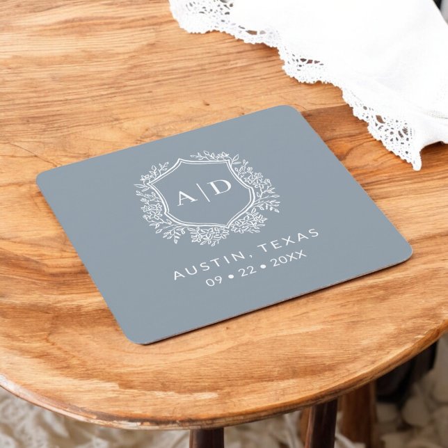 Modern Monogram Wedding Dusty Blue Crest Square Paper Coaster (Creator Uploaded)