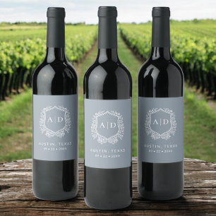 Modern Monogram Wedding Dusty Blue Crest Wine Label