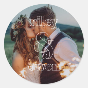 Modern Monogram Wedding Engagement Couple Photo Classic Round Sticker
