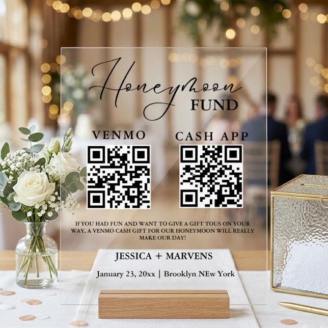 Modern Monogram  wedding honeymoon fund QR code  Acrylic Sign (Creator Uploaded)