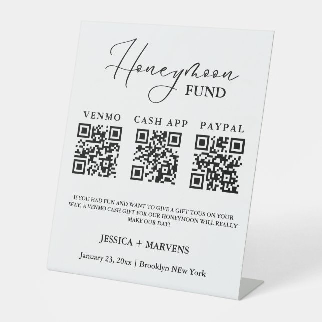 Modern Monogram  wedding honeymoon fund QR code  Pedestal Sign (Front)