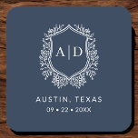 Modern Monogram Wedding Navy Blue Crest Square Paper Coaster<br><div class="desc">Add an elegant touch to your celebration with the Modern Monogram Wedding Crest Square Paper Coaster. Featuring a sophisticated monogram crest design, these coasters are perfect for weddings, engagement parties, or bridal showers. The stylish square shape and high-quality, absorbent paper protect surfaces while enhancing your decor. Personalise with your initials...</div>