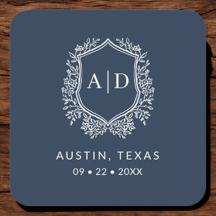 Modern Monogram Wedding Navy Blue Crest Square Paper Coaster
