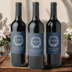 Modern Monogram Wedding Navy Blue Crest Wine Label