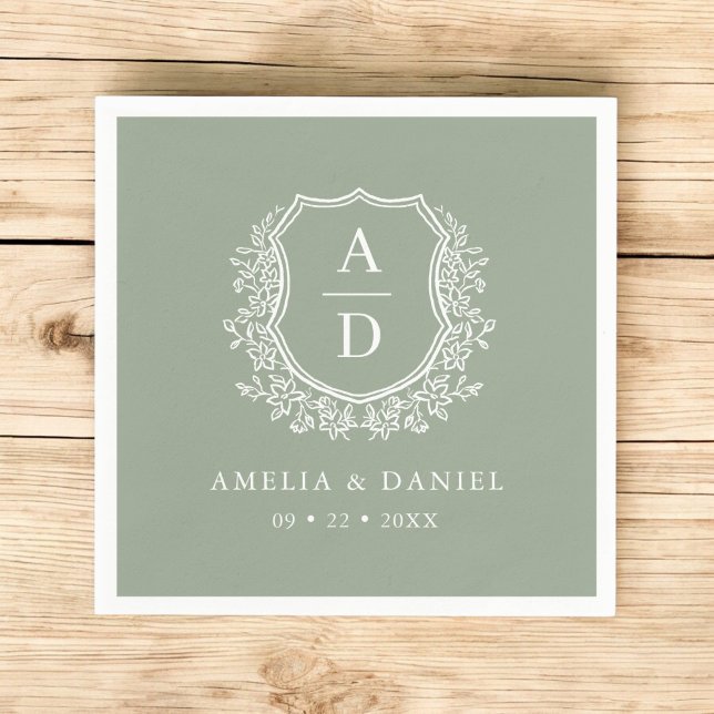 Modern Monogram Wedding Sage Green Crest Napkin (Creator Uploaded)