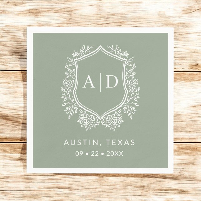 Modern Monogram Wedding Sage Green Crest Napkin (Creator Uploaded)