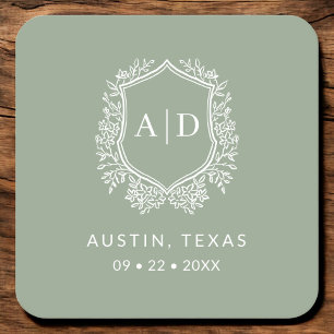 Modern Monogram Wedding Sage Green Crest Square Paper Coaster