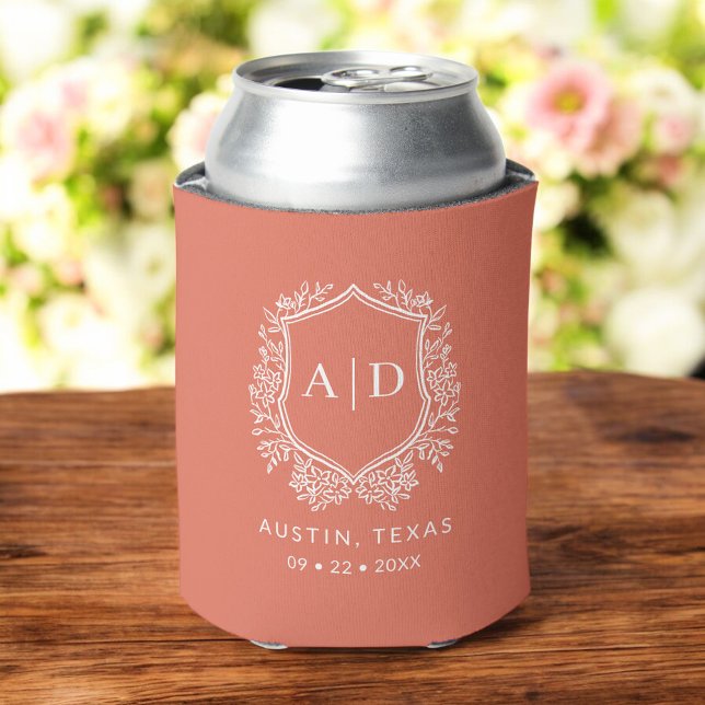 Modern Monogram Wedding Terracotta Crest Can Cooler (Creator Uploaded)
