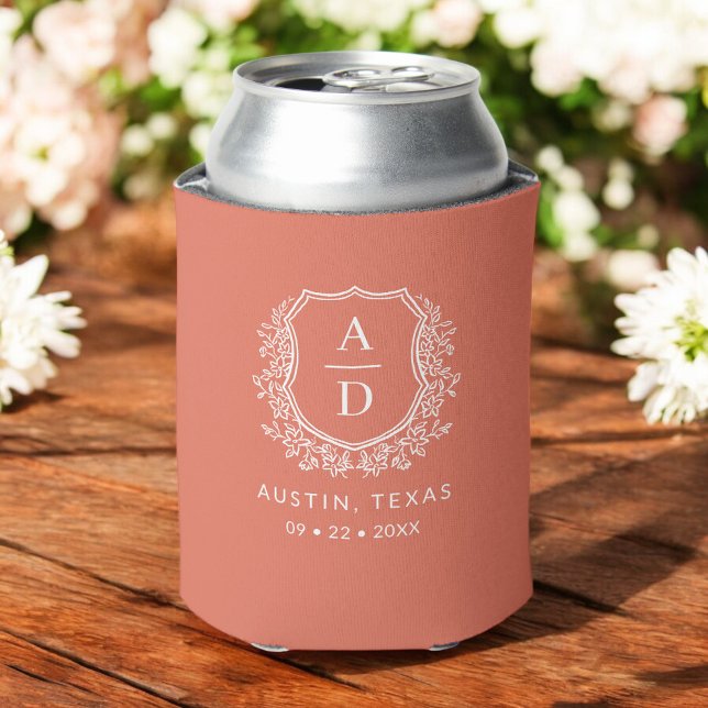 Modern Monogram Wedding Terracotta Crest Can Cooler (Creator Uploaded)