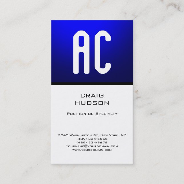 Modern Monogram White Blue Plain Business Card (Front)