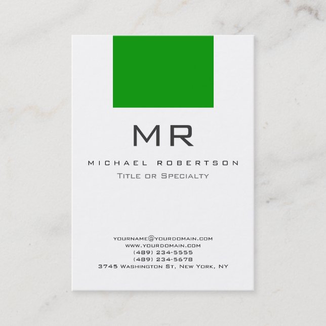 Modern Monogram White Green Clean Business Card (Front)