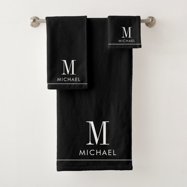 Modern Monogram White Initial Name Black Bath Towel Set (Insitu)