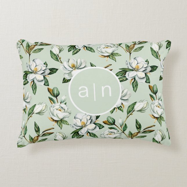 Modern Monogram White Magnolia  Decorative Cushion (Front)