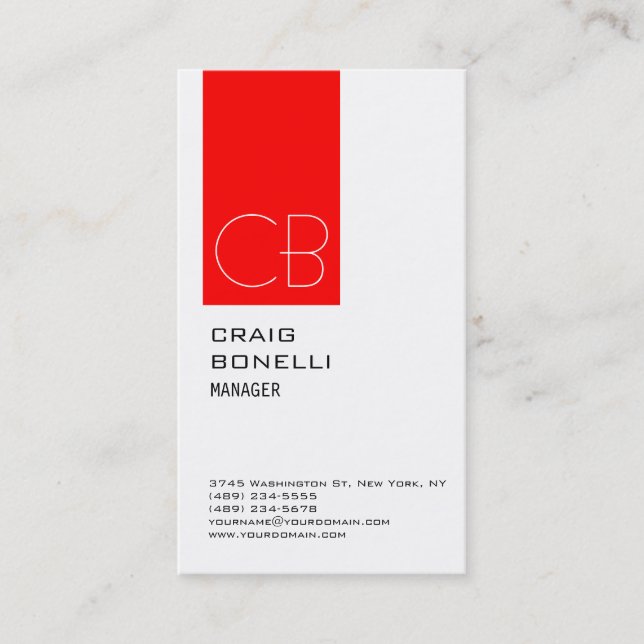 Modern Monogram White Red Attractive Business Card (Front)