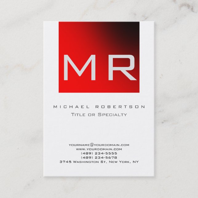 Modern Monogram White Red Business Card (Front)