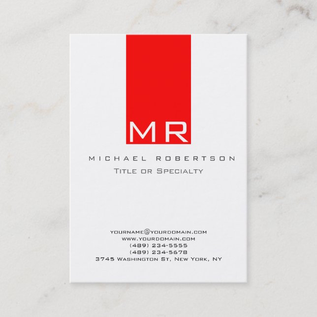 Modern Monogram White Red Clean Business Card (Front)