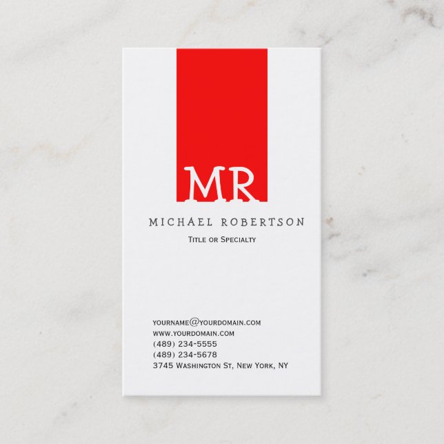 Modern Monogram White Red Clean Business Card (Front)