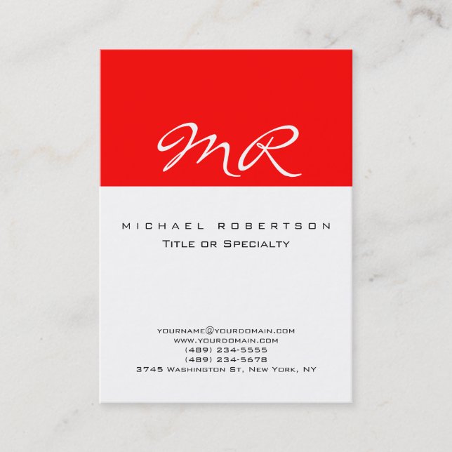 Modern Monogram White Red Clean Business Card (Front)