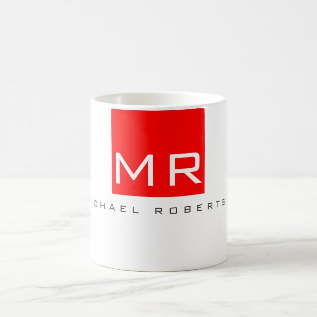 Modern Monogram White Red Minimalist Plain Coffee Mug (Center)
