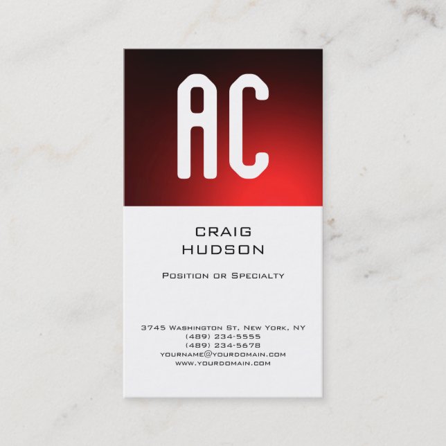 Modern Monogram White Red Plain Business Card (Front)
