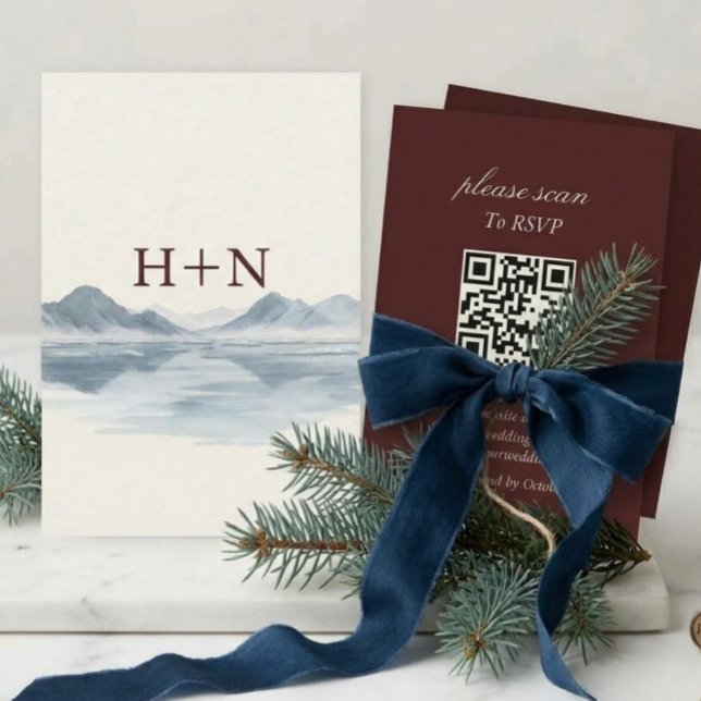 Modern Monogram Winter Mountain RSVP with QR Code  Card (Creator Uploaded)