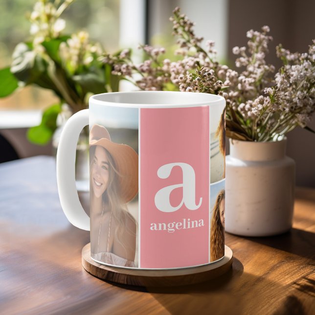 Modern monogram with 5 Photo Collage - Coral Coffee Mug (Personalized Coffee Mug)