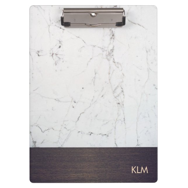 Modern Monogram Wood White Marble Clipboard (Front)