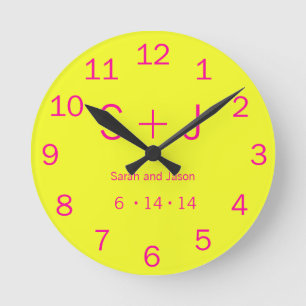 Modern Monogram - Yellow and Pink Round Clock