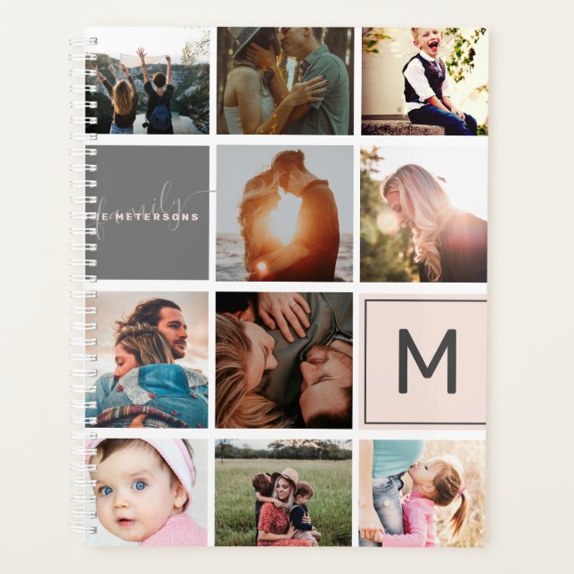 Modern monogram your family 16 photo collage grid planner (Front)