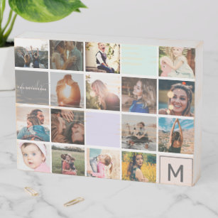 Modern monogram your family 16 photo collage grid wooden box sign