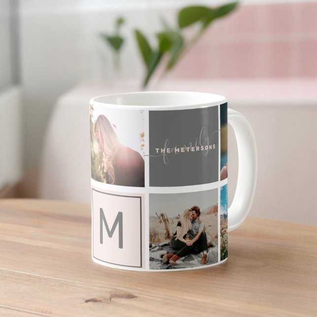 Modern monogram your family 7 photo collage grid coffee mug (Modern monogram your family 7 photo collage grid coffee mug)