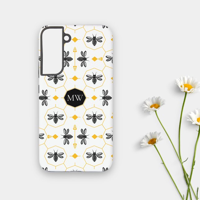 Modern Monogrammed Bee Black Yellow Honeycomb Chic Samsung Galaxy S22+ Case (Modern Bee Monogram Samsung s22 Phone Case)