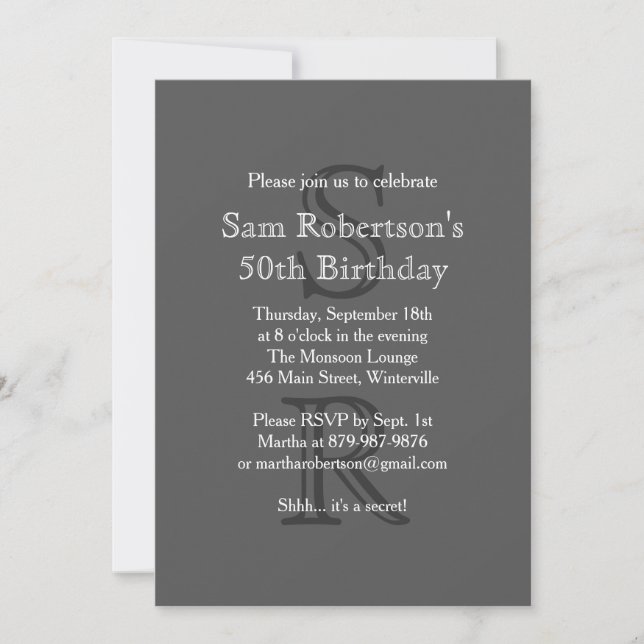 Modern Monogrammed Birthday Invitation (grey) (Front)