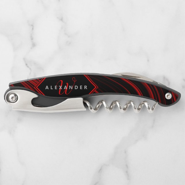 Modern Monogrammed Black and Red Abstract Pattern Corkscrew (Front)