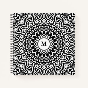 Modern Monogrammed Black and White Mandala Pattern Notebook