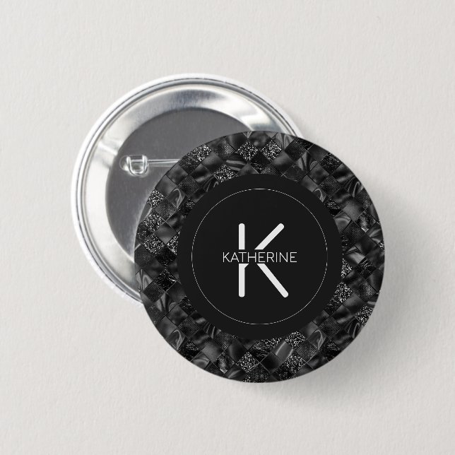 Modern Monogrammed Black Faux Glitter Pattern 6 Cm Round Badge (Front & Back)